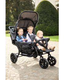 Triplet Stroller - 3 Children - Black + Rain Cover + Sun Canopies